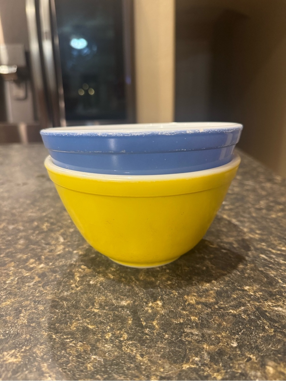 Vintage PYREX Blue & Yellow Milk Glass Bowls Set of 2 USA